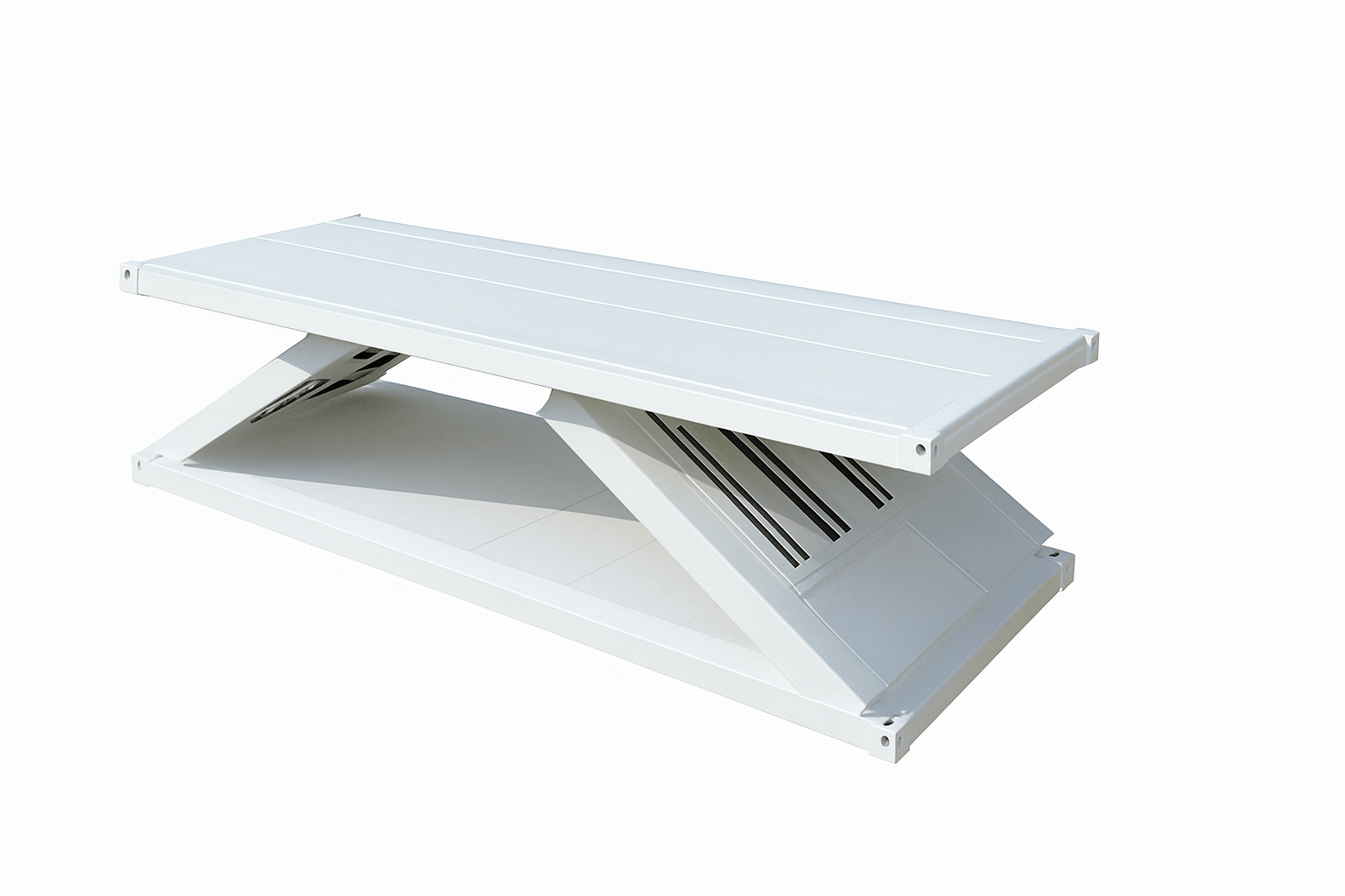 A collapsible platform with a white frame, designed to be lightweight and compact. 