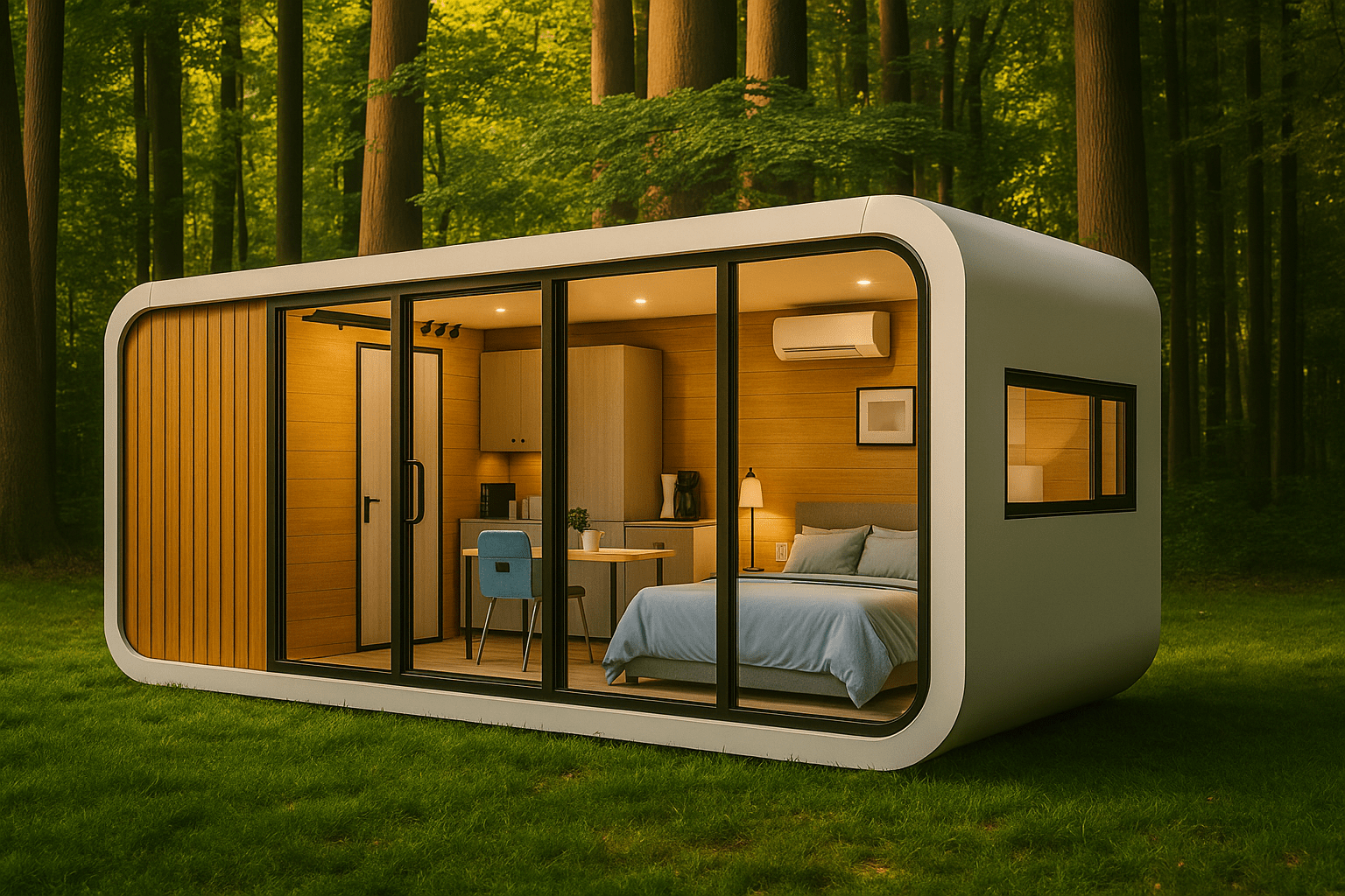 A modern, minimalistic tiny house, designed with a sleek, futuristic style, set in a peaceful forest environment with vibrant green trees surrounding it. The interior is visible through large glass windows, showcasing a cozy, well-furnished room with a blue bed and a desk.
