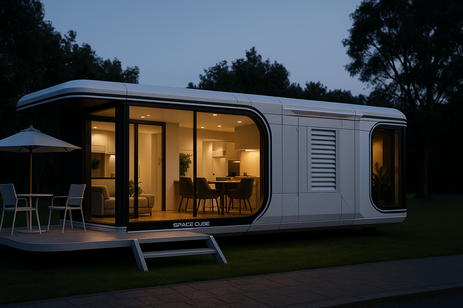 A futuristic white tiny house, known as 