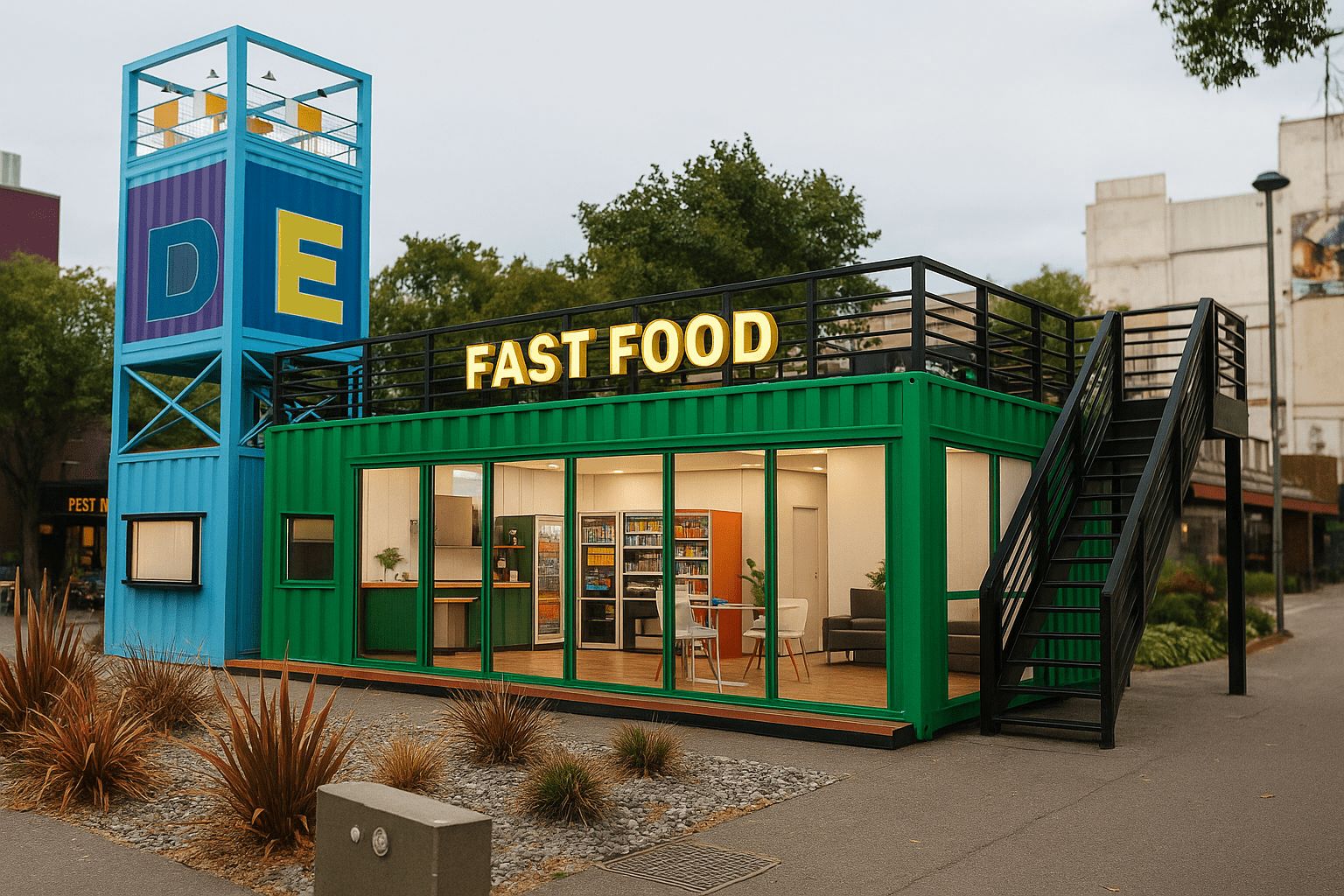 A vibrant, multicolored shipping container restaurant with 