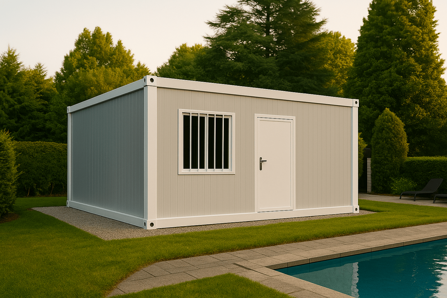 A modern prefabricated container house placed beside a swimming pool, with a neat lawn and trees surrounding it, reflecting a well-maintained outdoor environment.